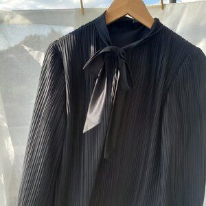 Neck Tie Black Mid Length Pleated Dress